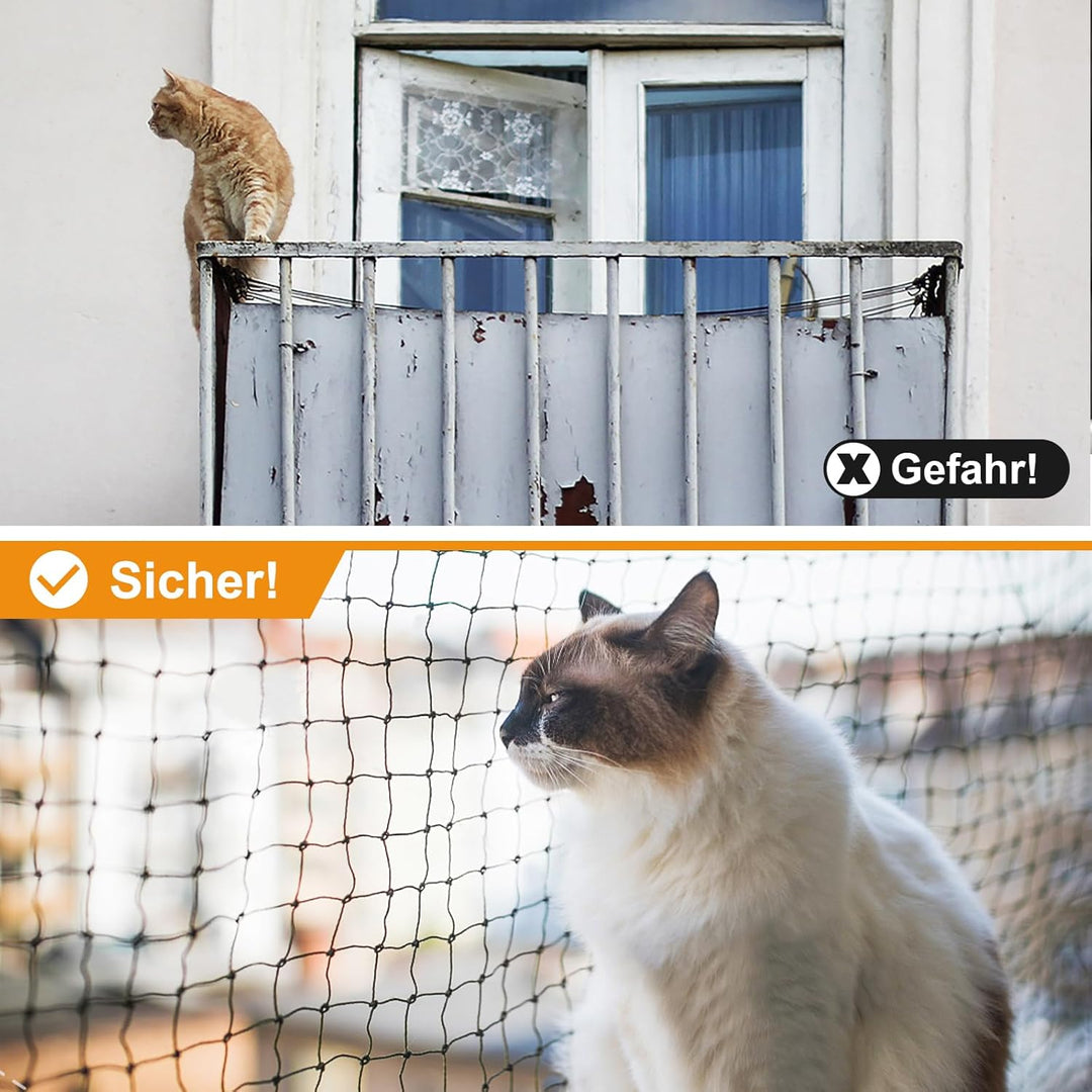 Aystkniet katzennetz für Balkon, 6 x 3 m Katzennetz Drahtverstärkt Schwarz mit 20M Befestigungsseil