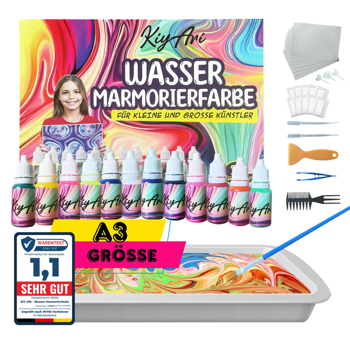 KIYARI Wassermarmorierfarben Set, Malset für Kinder mit 10 A3 Blättern | Wassermarmorierfarben Set,