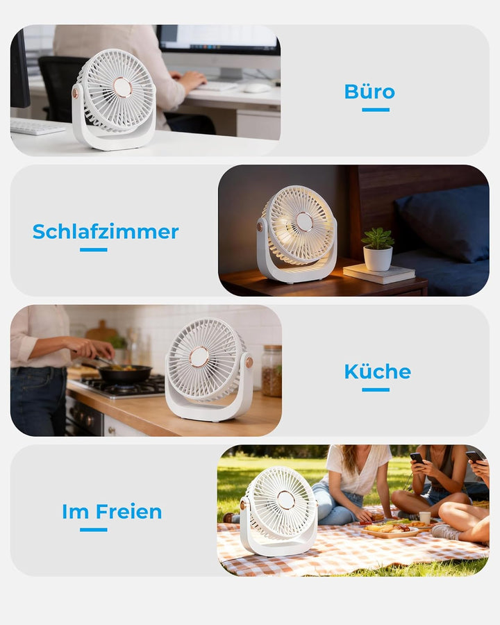 Ventilator Leise - Tischventilator mit Nachtlicht，3000mAh USB Wiederaufladbarer Kleiner Ventilator,