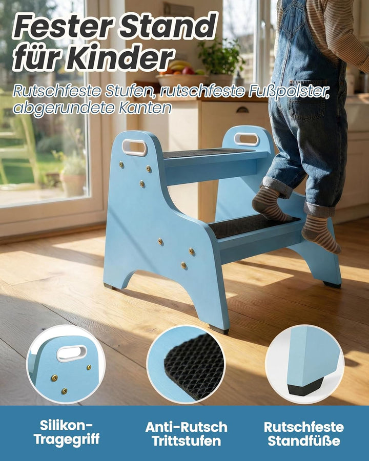 Tritthocker Kinder aus Holz – extra stabil & rutschfest, Anti-Rutsch Stufen, sichere Rundkanten, Fes