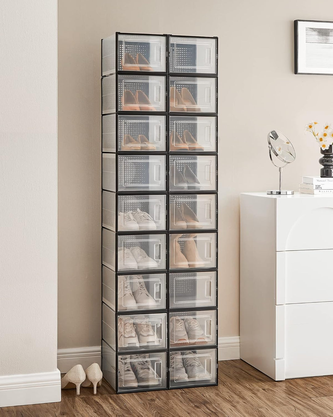 SONGMICS Schuhboxen, 18er Set, Schuh-Organizer aus Kunststoff, faltbar und stapelbar, für Schuhe bis