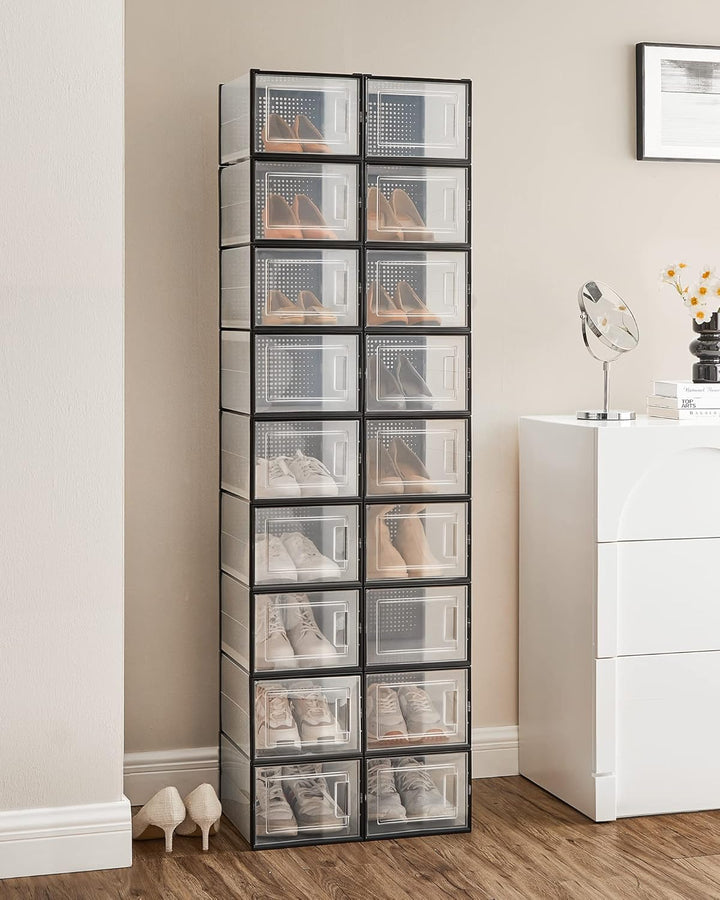 SONGMICS Schuhboxen, 18er Set, Schuh-Organizer aus Kunststoff, faltbar und stapelbar, für Schuhe bis