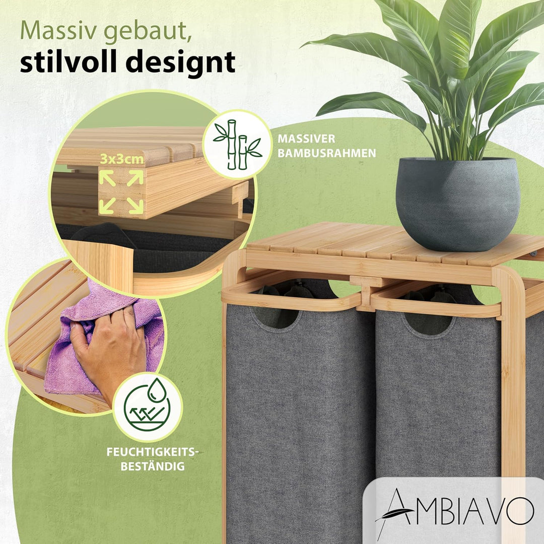 Wäschekorb 2 Fächer grau 100 L – Platzsparendes Design – 50L pro Fach - Stabile Bambuskonstruktion –