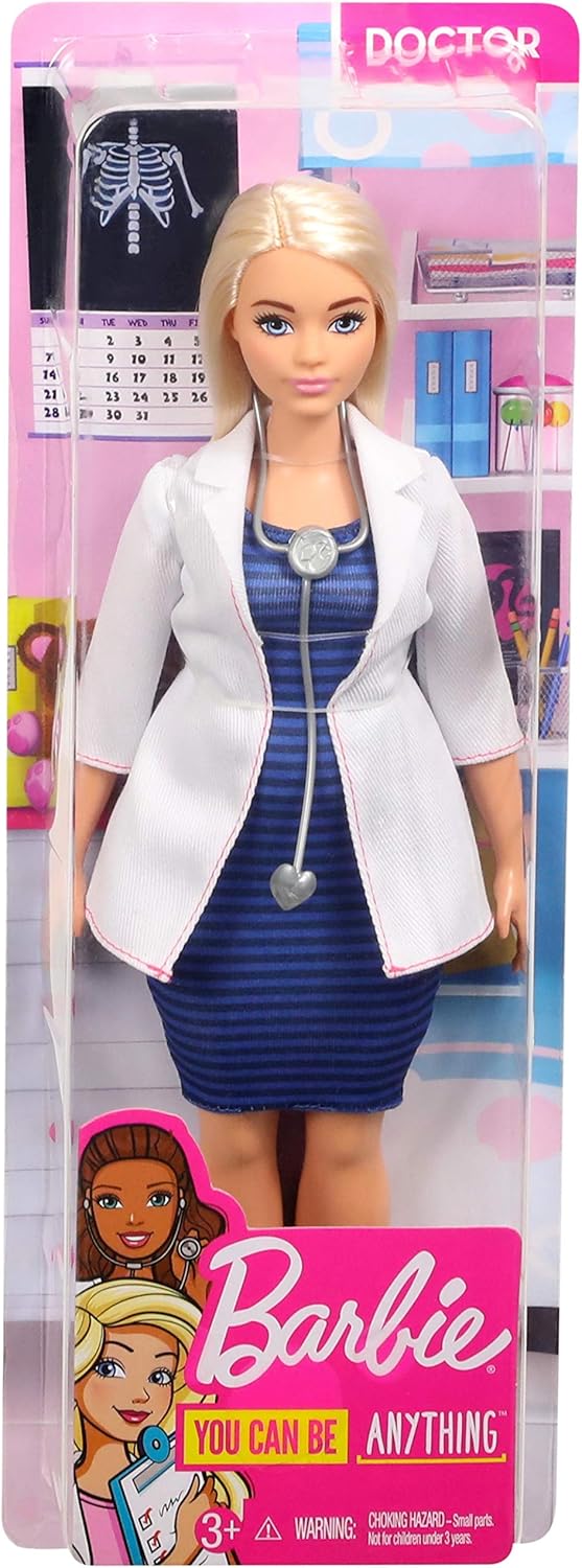 Barbie FXP00 - Kurvige Ärztin-Puppe mit Stethoskop und blondem Haar, Spielzeug ab 3 Jahren