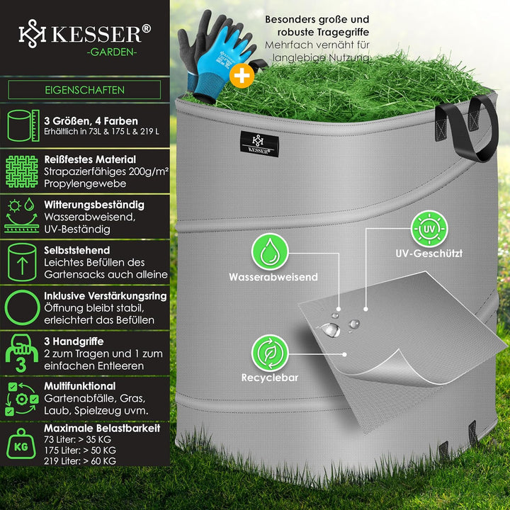 KESSER® Pop-Up-Gartensack 219L Laubsack Gartenabfallsack inkl. Handschuhe | Selbststehend mit Griffe