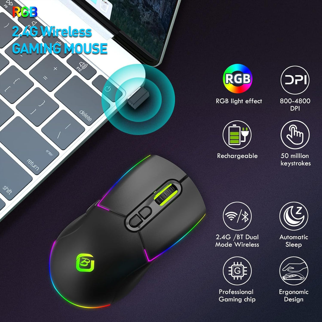 Kabellose Gaming Maus, Dual Mode 2.4GHz/Bluetooth 5.1 Maus Gaming, RGB LED Hintergrundbeleuchtung, E