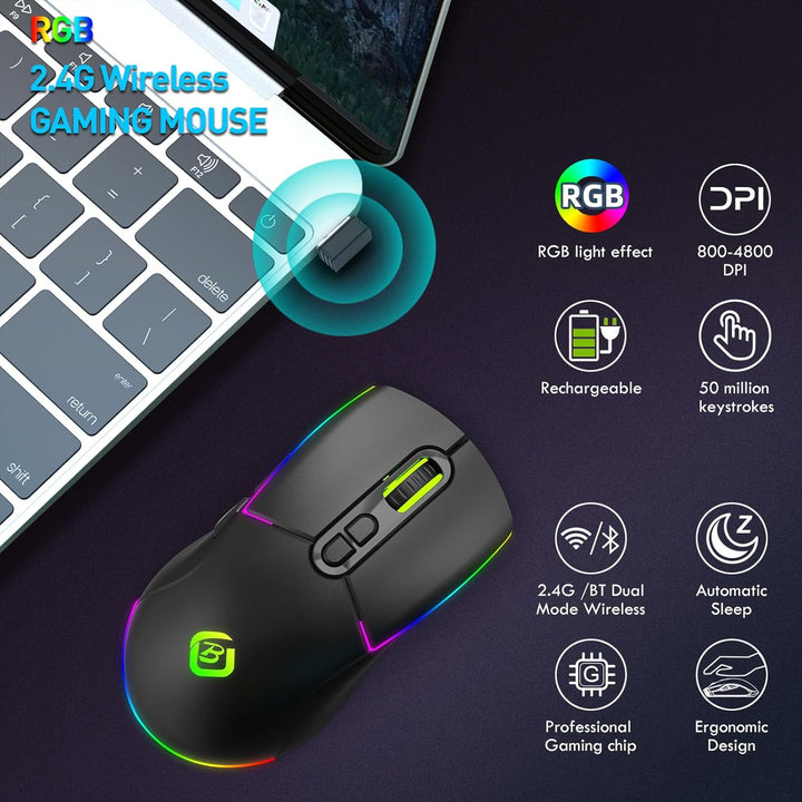 Kabellose Gaming Maus, Dual Mode 2.4GHz/Bluetooth 5.1 Maus Gaming, RGB LED Hintergrundbeleuchtung, E