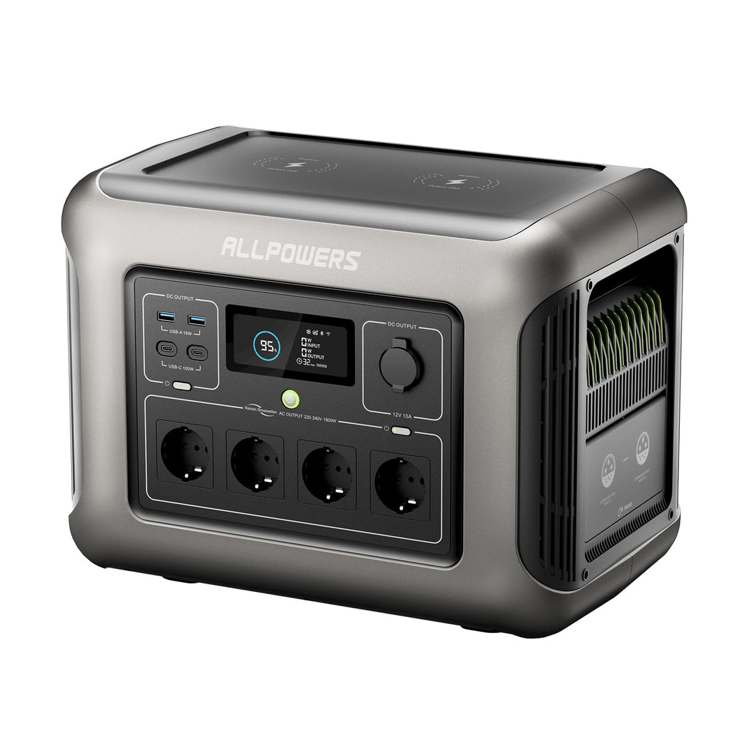 ALLPOWERS Tragbare Powerstation R1500, 1152Wh LiFePO4 Akku, 1800W Solargenerator, 0-80% geladen in 4