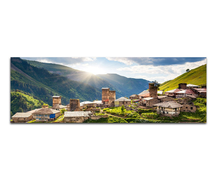 Paul Sinus Art Panoramabild auf Leinwand und Keilrahmen 120x40cm Georgien Kaukasus Bergdorf Berge Wi