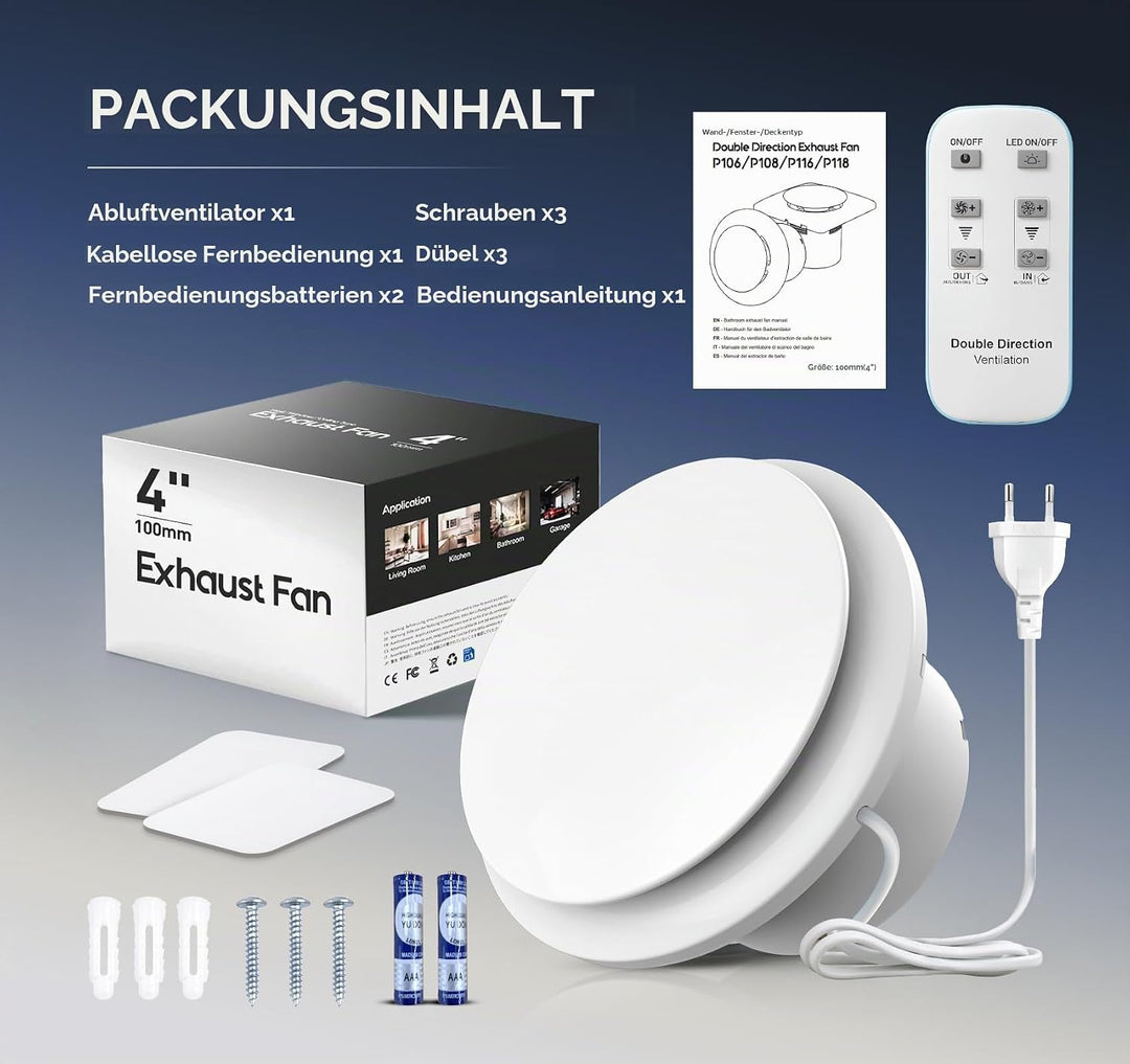 Abluftventilator 100mm - 11 Lichteffekte, 2 Richtungen Ventilaton, 6 Geschwindigkeiten, Leiser Badlü