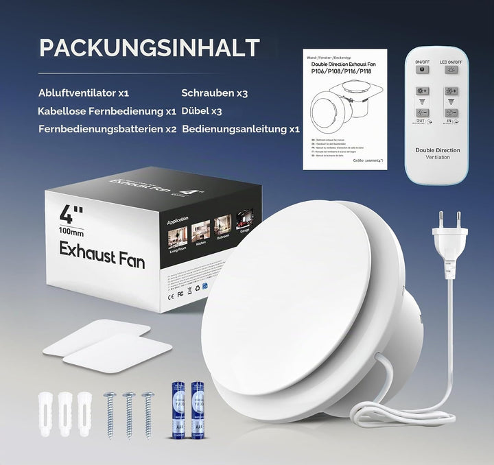 Abluftventilator 100mm - 11 Lichteffekte, 2 Richtungen Ventilaton, 6 Geschwindigkeiten, Leiser Badlü