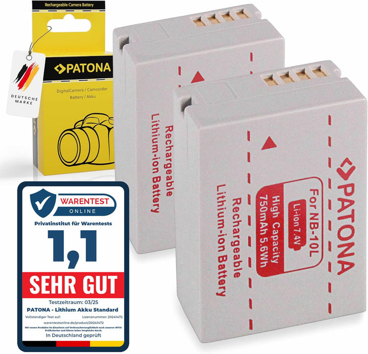 PATONA 2X Akku Ersatz für Canon NB-10L NB10L Battery Pack 750mAh 7.4V 5.6Wh | Ersatzakku für PowerSh
