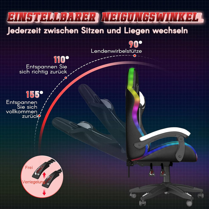 Racingreat LED-Gaming-Stuhl, RGB Gaming Chair mit Farbigen Lichtleisten Kopfstütze Lendenwirbelstütz