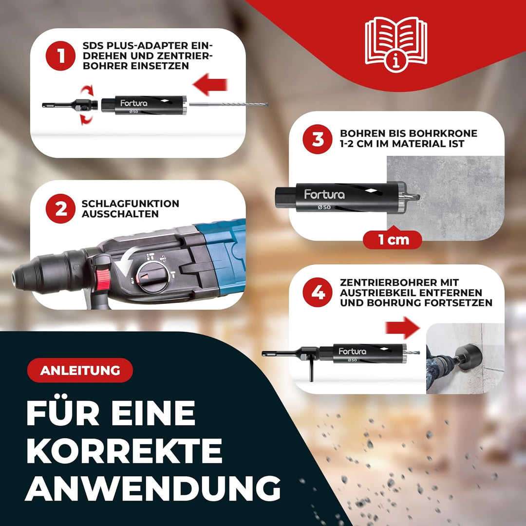 Fortura Kernbohrer/Bohrkrone Ø50-162mm / 200mm Länge/SDS Plus/Dosenbohrer/Diamantbohrkrone/Bohrkrone