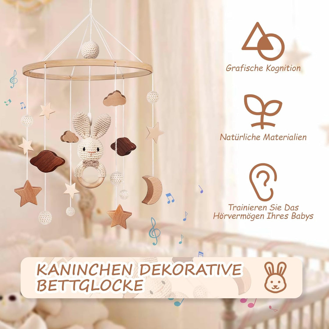 SWECOMZE Mobile Baby Holz Mobile Babybett Bettglocke Windspiel baby mit Wolken Sterne Abnehmbar Häke