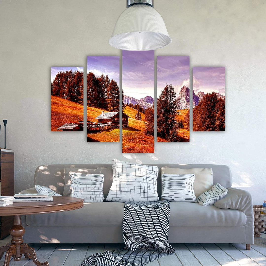 Feeby Bilder Berge 250x120 cm - Leinwandbild 5 Teilig XXL Kunstdruck Hütte Bäume rot Leinwandbild XX