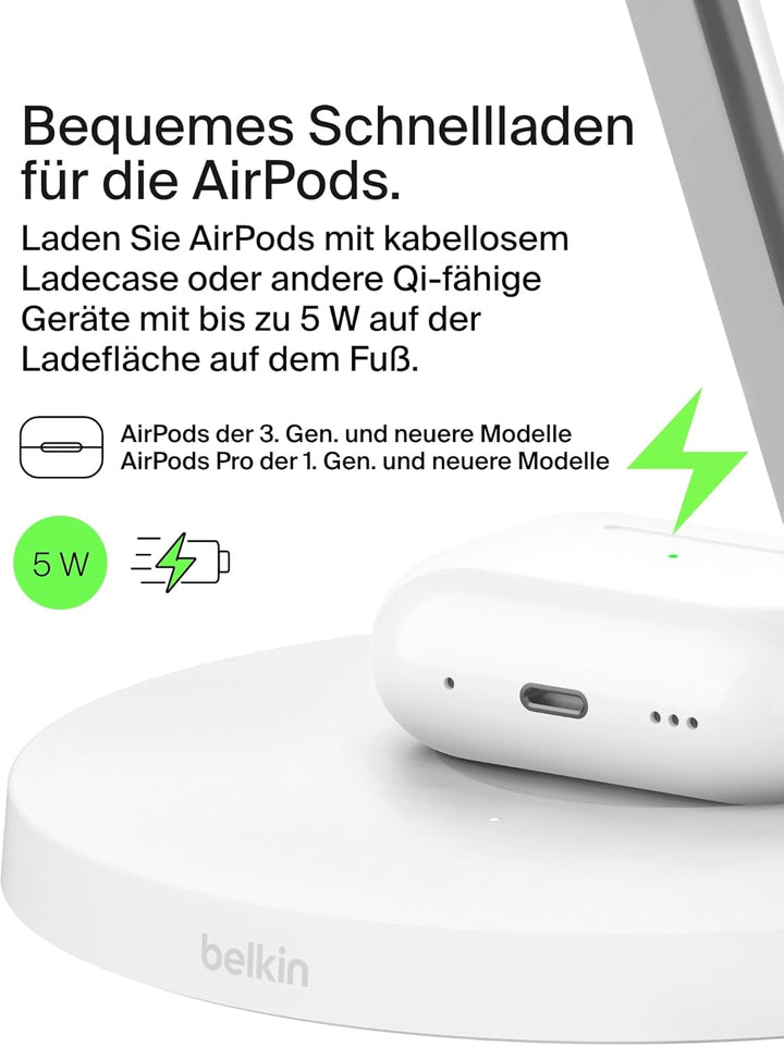 Belkin BoostCharge Pro 3-in-1 Qi2 Kabelloses Ladegerät, MagSafe-Kompatibles Ladegerät, Induktive Lad