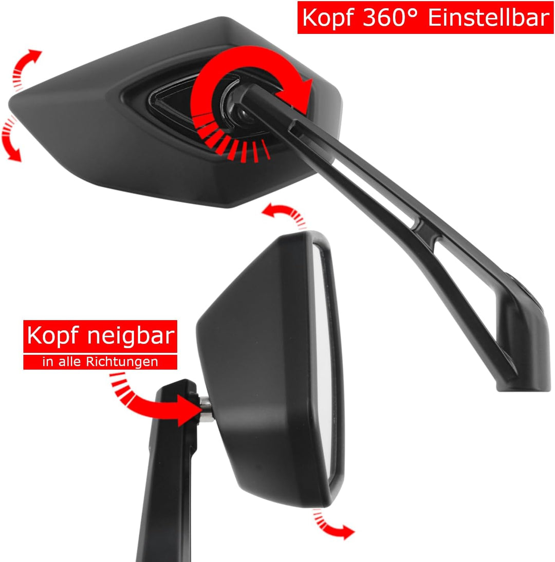 Area1 Universal Motorrad Rückspiegel Paar e-geprüft 2x M10 Rechtsgewinde + Linksgewindeadapter, komp