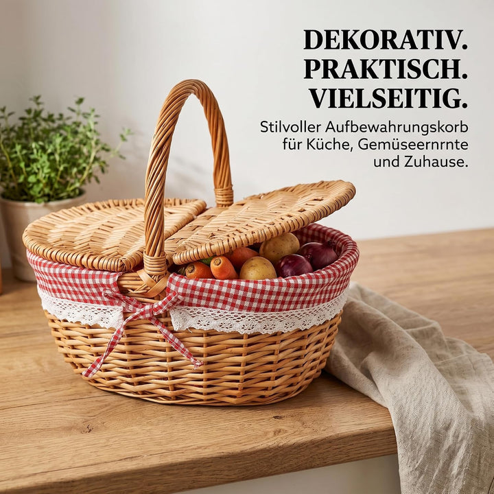 Picknickkorb mit Deckel, grosser Weidenkorb mit henkel und Liner,34x23x17cm