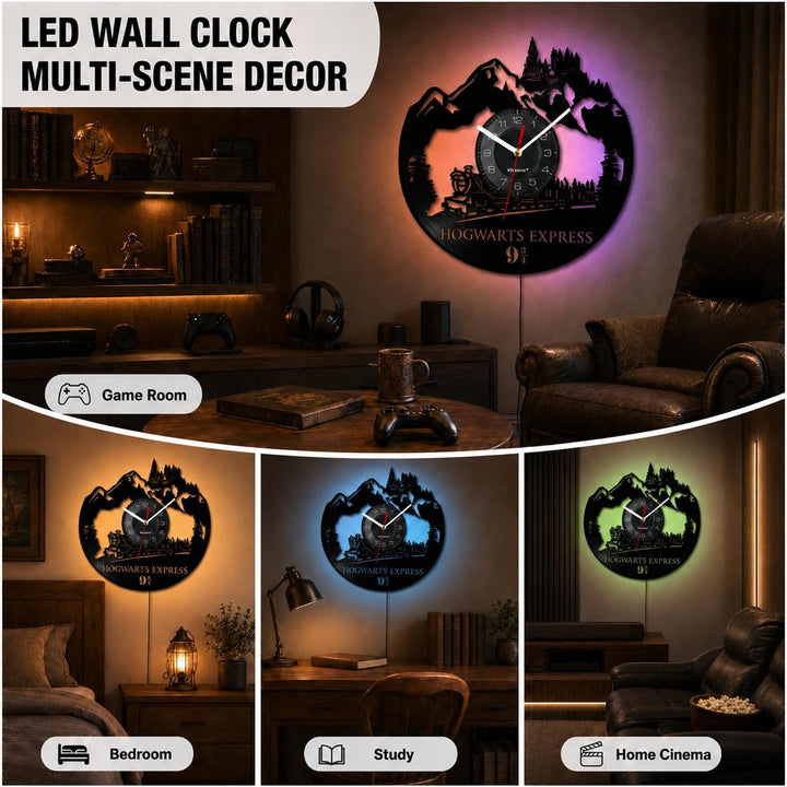 Viiluuxr Led Wanduhr Vintage Vinyl Schallplatte Wanduhren Hogwarts Express Nachtlicht Wanduhren 7 Fa
