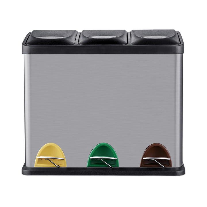 Relaxdays Mülleimer, 3 Fächer, 24 L, Fusspedal, Inneneimer, Mülltrenner Küche, HBT 39,5 x 46 x 26,5