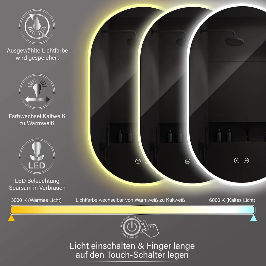 90x50 cm Badspiegel mit Beleuchtung Oval mit Antibeschlag, Badezimmer Spiegel mit LED, Wandspiegel L