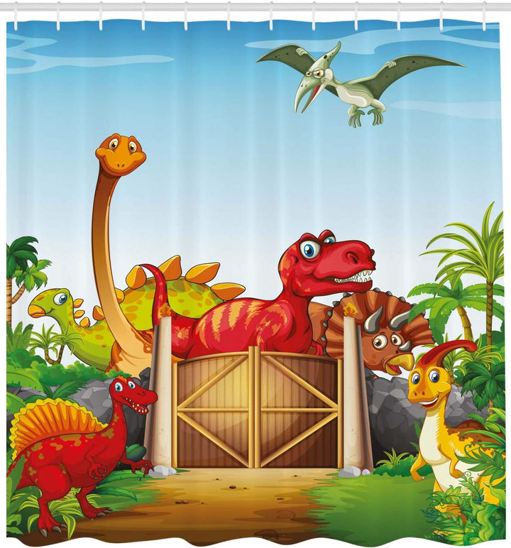 ABAKUHAUS Dino Duschvorhang, Cartoon-Dinosaurier in Park, Stoffliches Gewebe Badezimmerdekorationsse