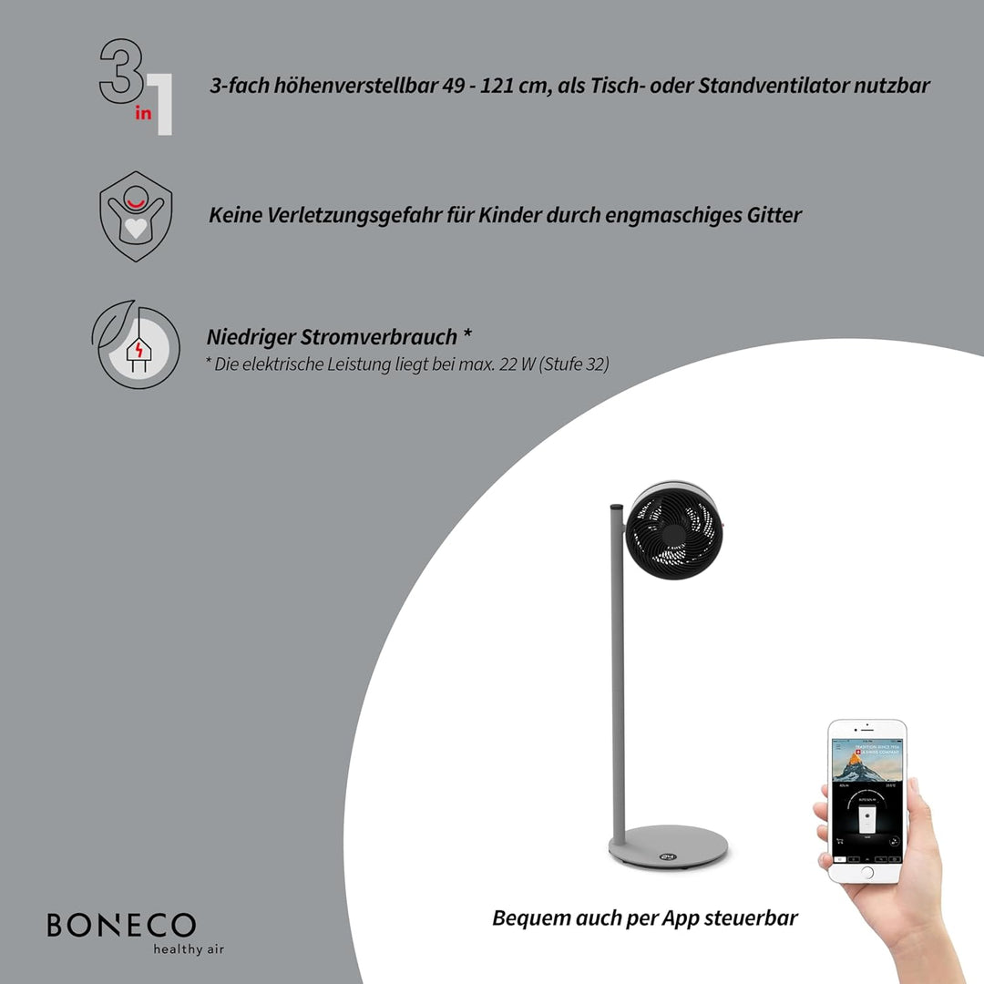 BONECO Ventilator F235 I Standventilator I höhenverstellbar bis 121cm I 32 Leistungsstufen I App-Ste