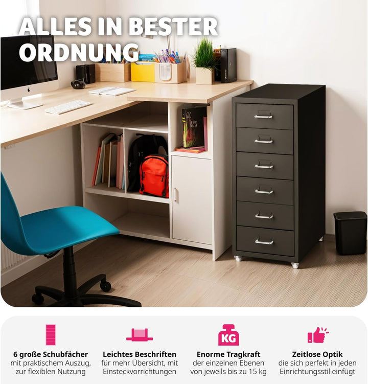 tectake® Metall Rollcontainer, Büromöbel für Schreibtisch, Büro Organizer mit 6 Schubladen, Schublad