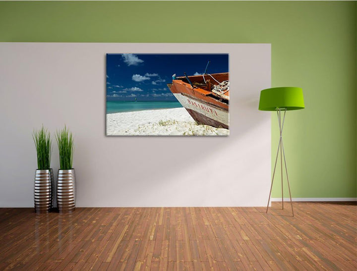 Pixxprint Boot am Strand auf Leinwand, XXL riesige Bilder fertig gerahmt mit Keilrahmen, Kunstdruck