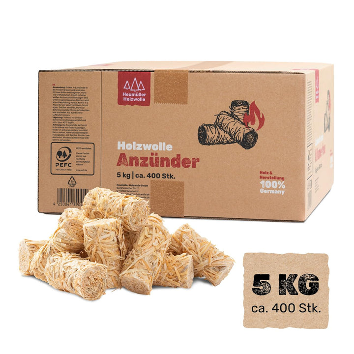 Heumüller Holzwolle 5 kg (ca. 400 Stück) Holzwolle-Anzünder Kaminanzünder | Öko-Anzünder aus Holzwol
