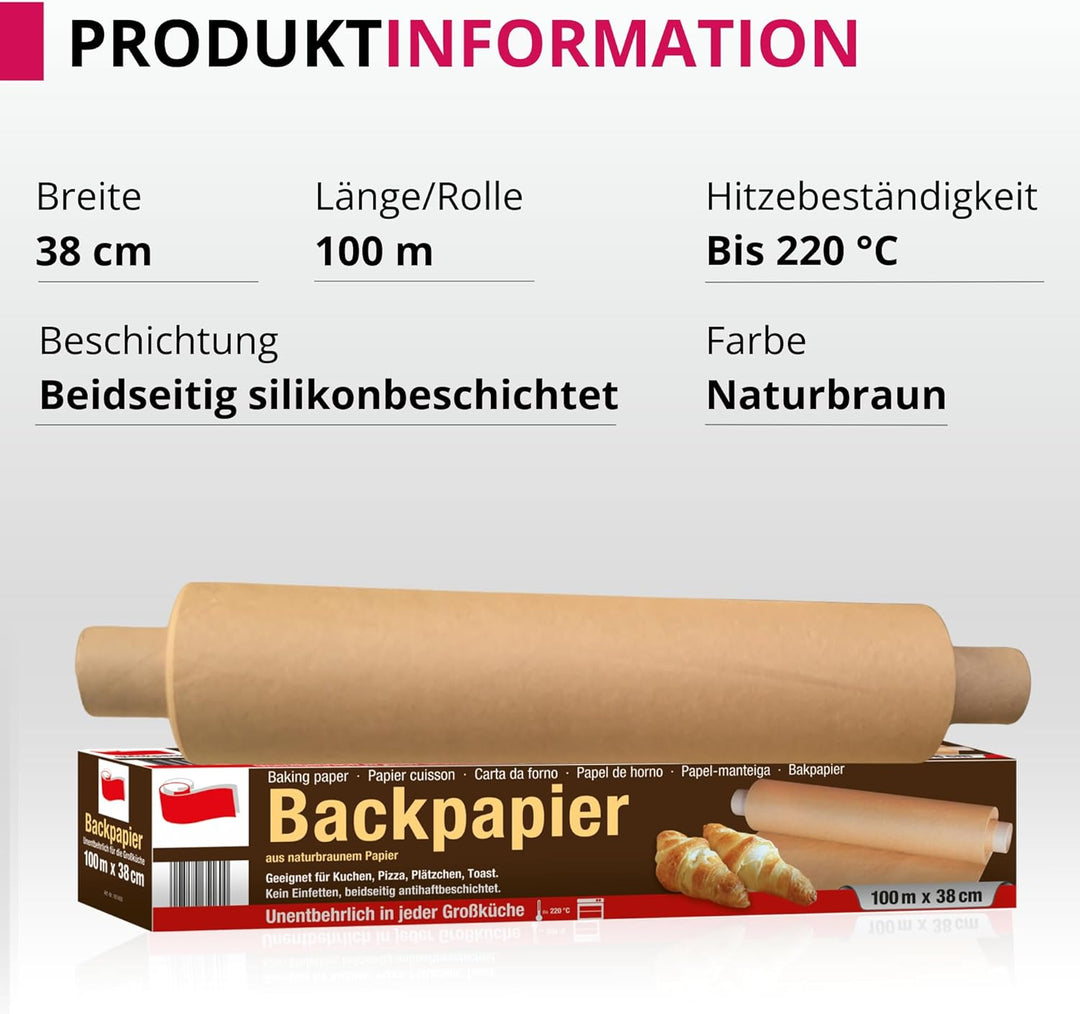 Suleno 3 x Backpapier Rolle, 38 cm x 100 m, Antihaftbeschichtet, Hitzebeständig bis 220 °C, Beidseit