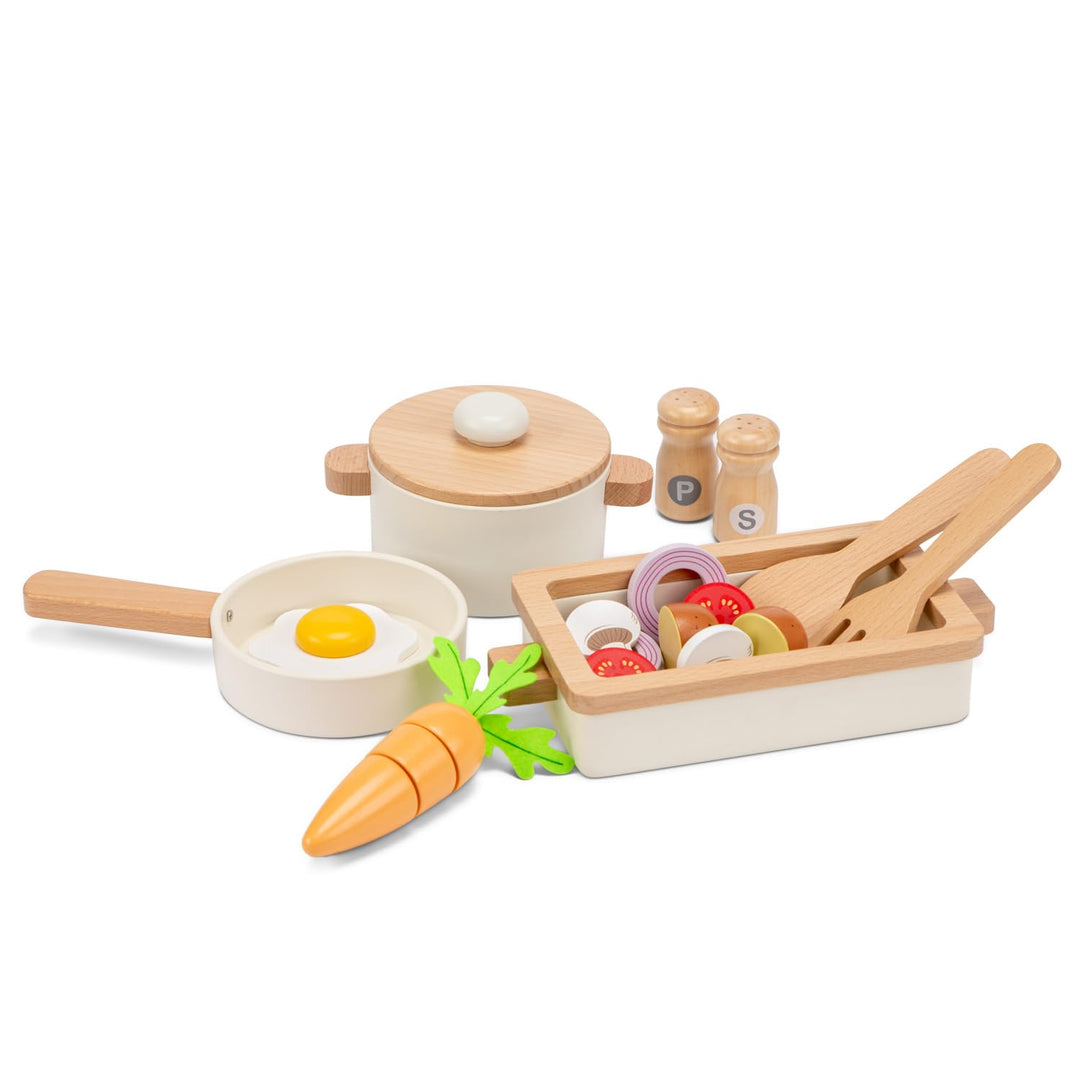 Woet Holz-Kochset mit Töpfen, Pfanne und Spielessen, 20 Teile