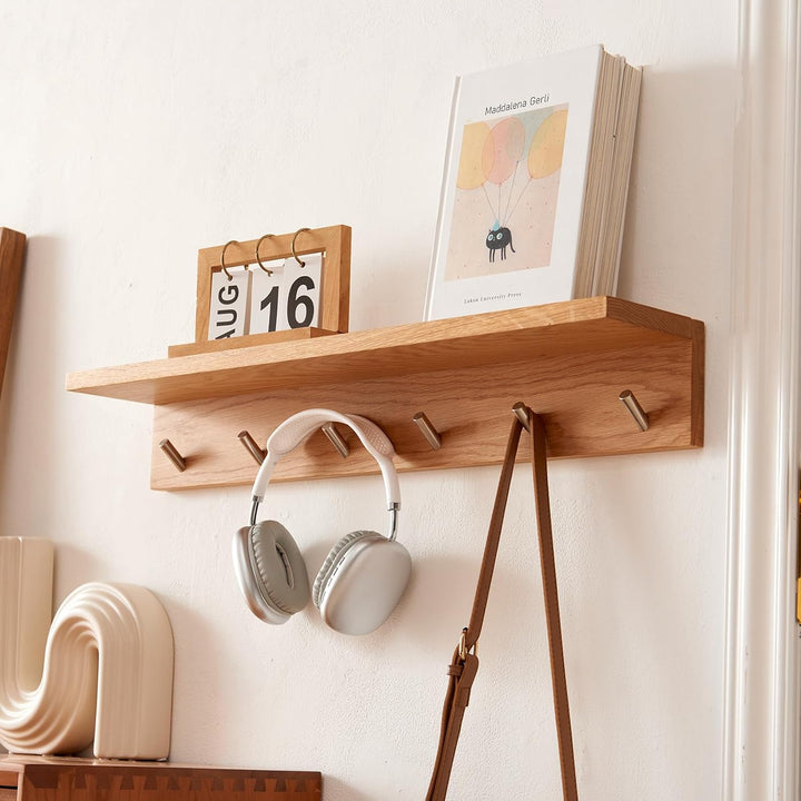 Garderobenleiste Holz 50cm, Garderobenhaken mit 5 Haken Wandgarderobe mit Ablage Schlüsselbrett mit