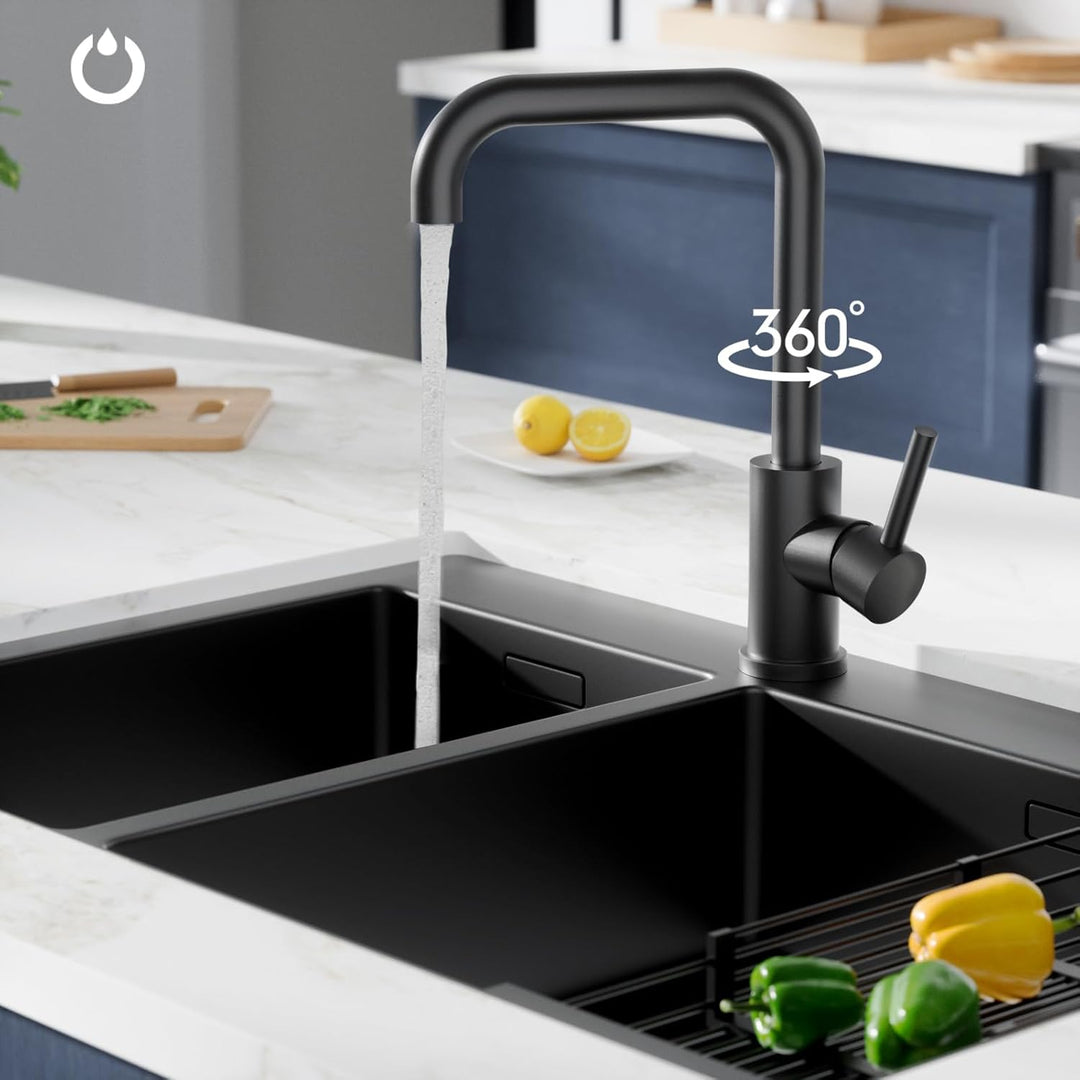 FORIOUS Wasserhahn Küche Schwarz, Küchenarmatur mit 360°Drehbar Armatur Küche Edelstahl, L Förmige M