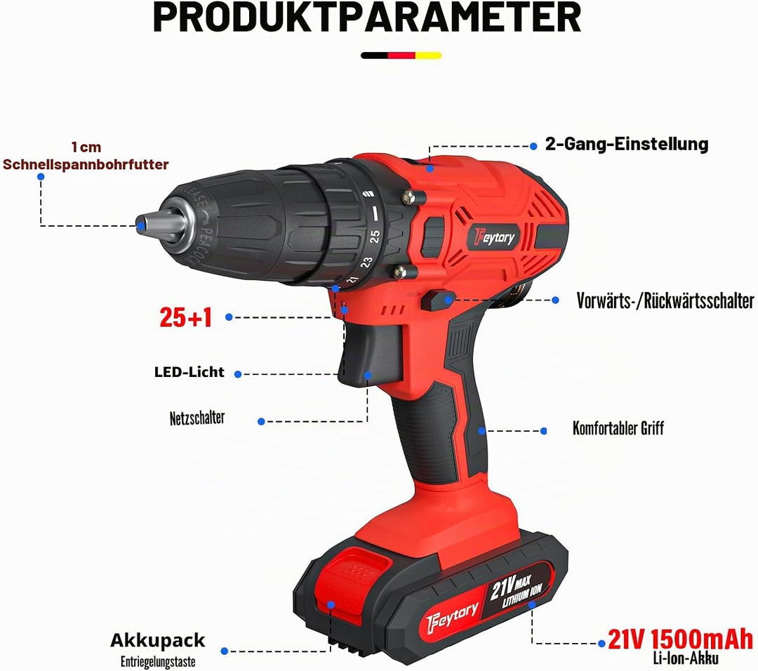 21 V Akku-Bohrschrauber Set mit Ladegerät und 2 Akkus with 2 batteries Rot, with 2 batteries Rot