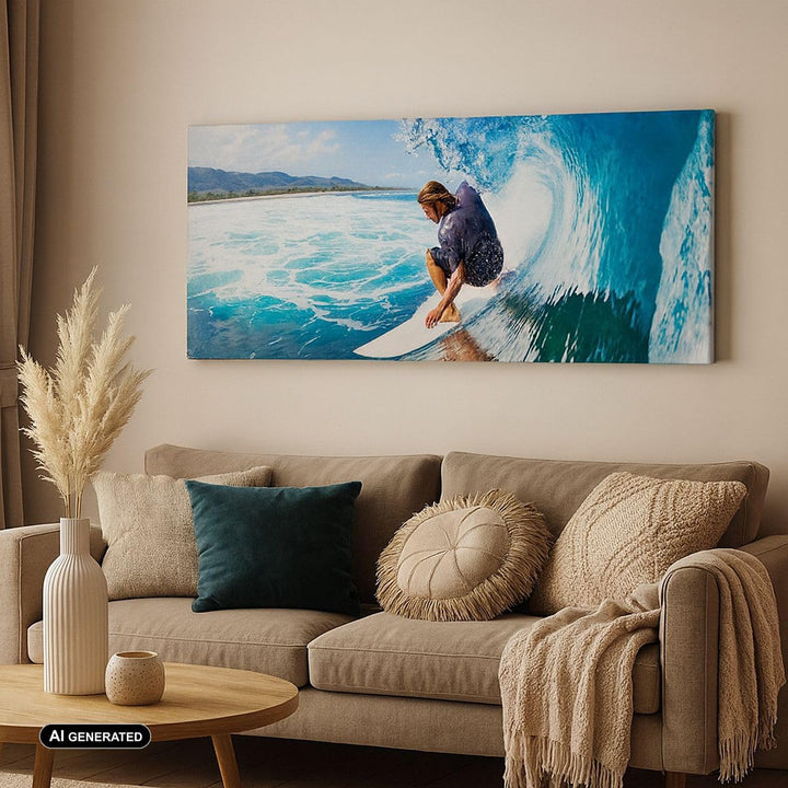 Wandbilder Dekoration Wohnzimmer Surfen Surfer Ozean Welle Panorama Bilder auf Leinwand 120x50cm Lei