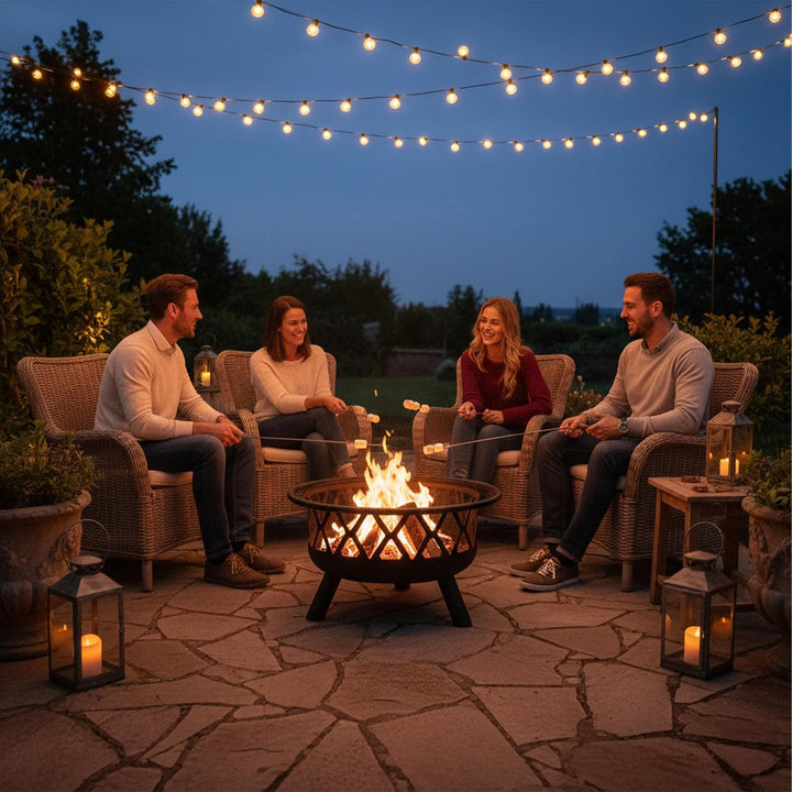 Relaxdays Feuerschale mit Funkenschutz, Garten & Terrasse, mit Schürhaken, Outdoor Feuerstelle, Stah