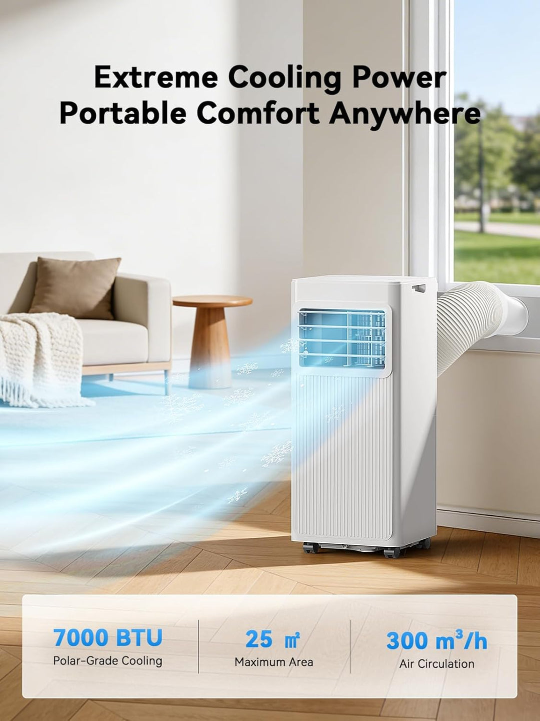 Mobile Klimaanlage 7000 BTU, 4-in-1 Klimagerät mit Abluftschlauch &amp; 4m Fensterabdichtung für Schiebe