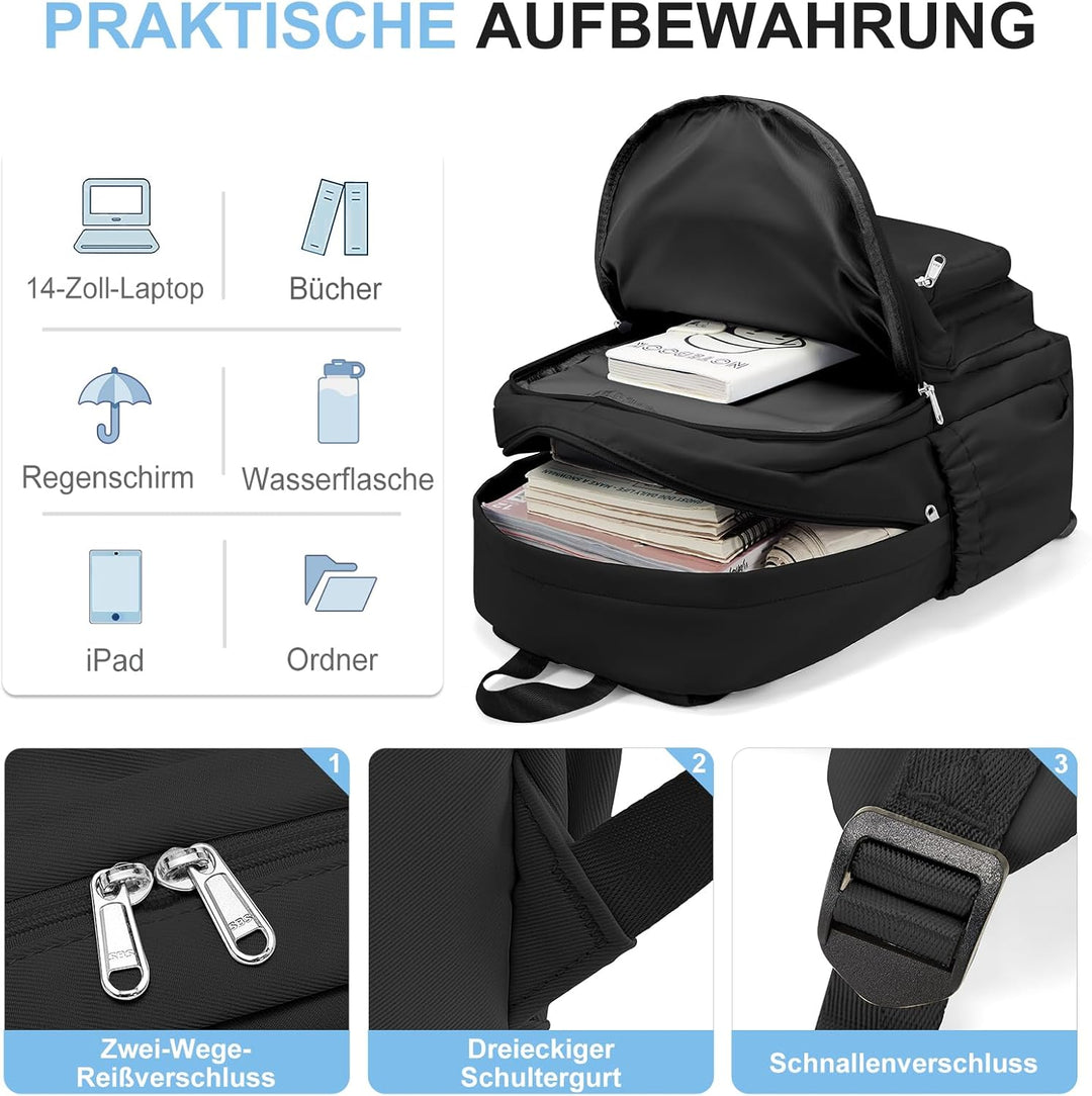 Schwarzer Rucksack Damen Herren, Leichter Schulrucksack Teenager Mädchen Jungen, Wasserabweisend Uni