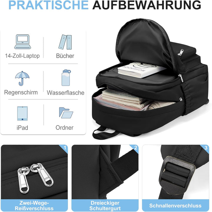 Schwarzer Rucksack Damen Herren, Leichter Schulrucksack Teenager Mädchen Jungen, Wasserabweisend Uni