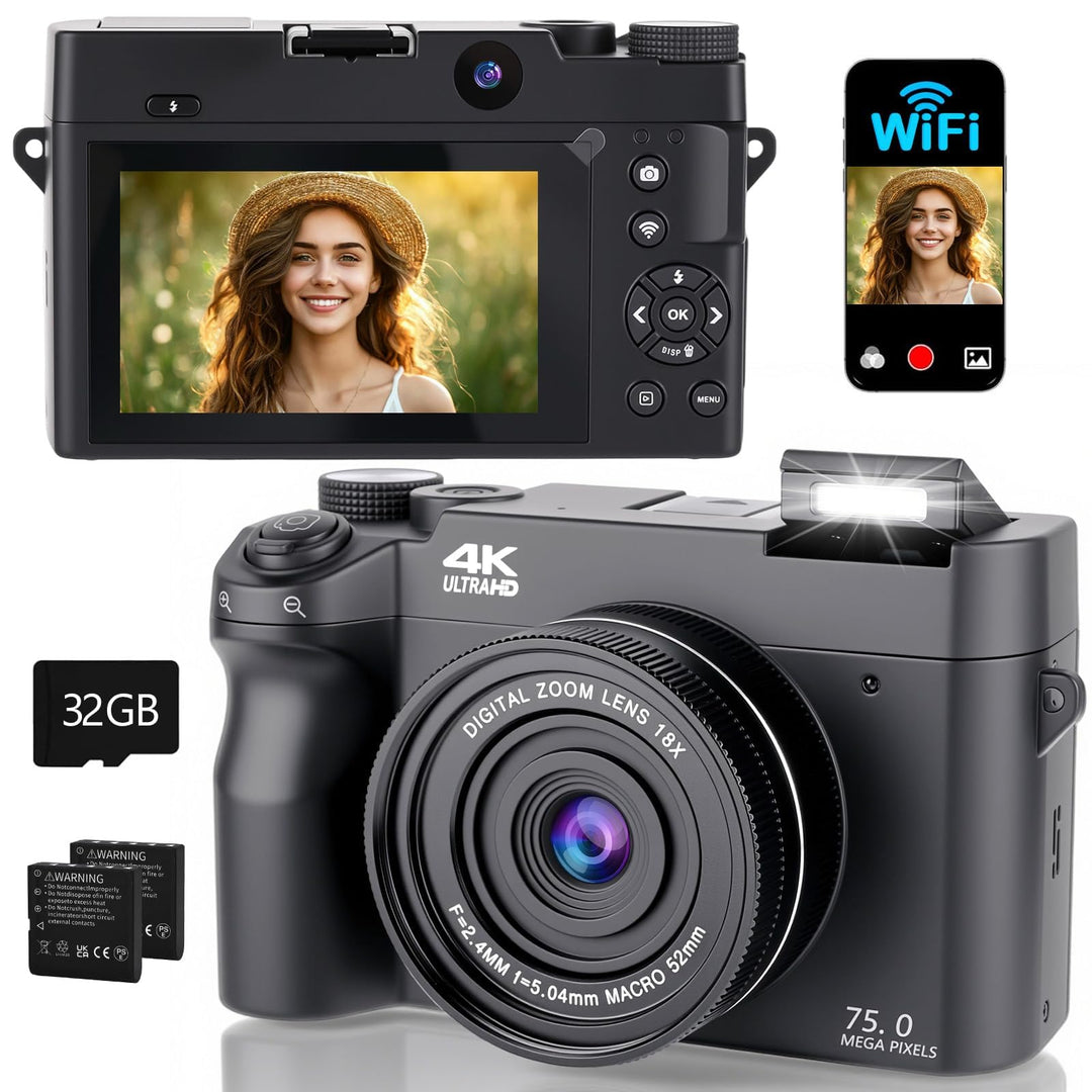 4K 75MP Digitalkamera mit WLAN, 3 Zoll LCD-Bildschirm Fotokamera mit 18X Zoom, Front und Rückobjekti