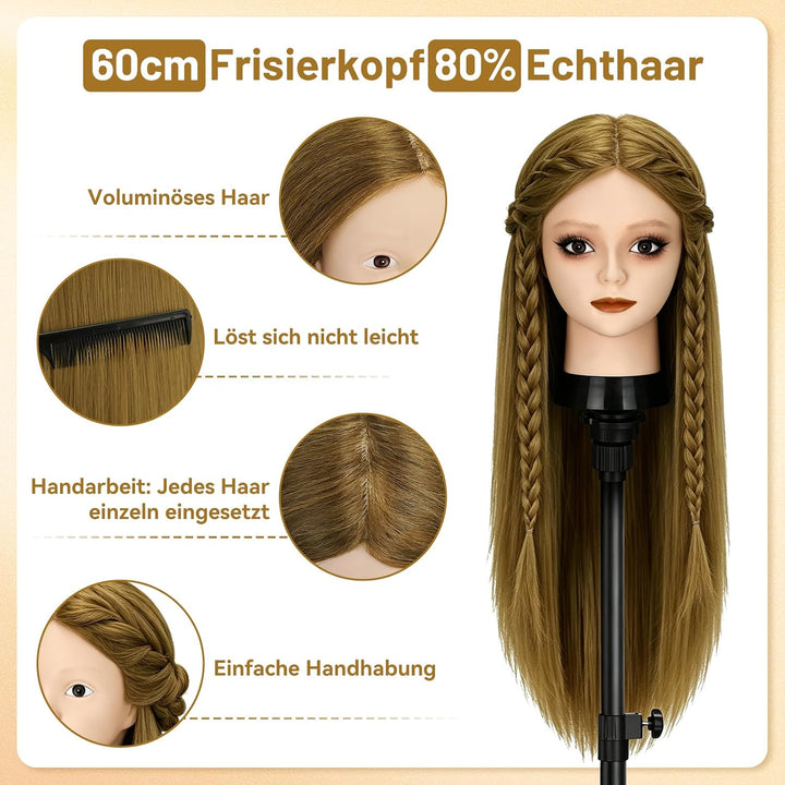 TwoWin Friseurkopf mit Haaren, 24 Zoll (61 cm) 80% Echthaar Mannequin Kopf, Make-up Übungskopf, Trai