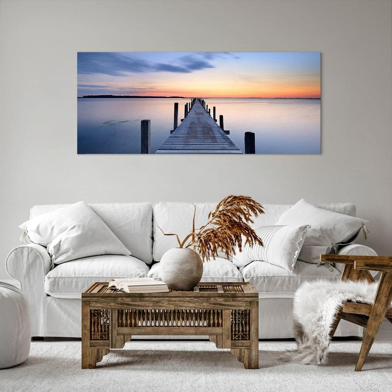 ARTTOR Wandbilder Dekoration Wohnzimmer Sonnenuntergang See Wasser Brücke Bilder auf Leinwand 120x50