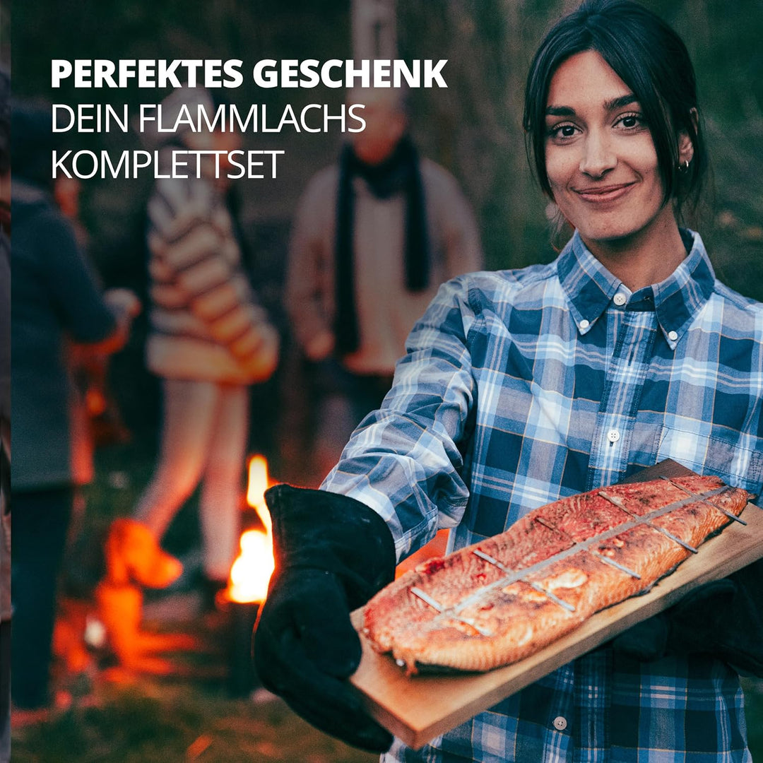 FINNWERK Flammlachsbrett Geschenkset - Lachsbretter mit Halterung aus Edelstahl und praktischem Wink