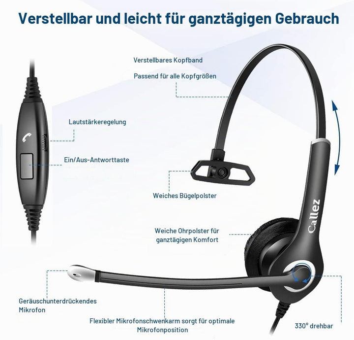 Headset Handy mit 3,5mm Klinke Mikrofon Noise Cancelling, PC Kopfhörer für iPhone Samsung Laptop Sky