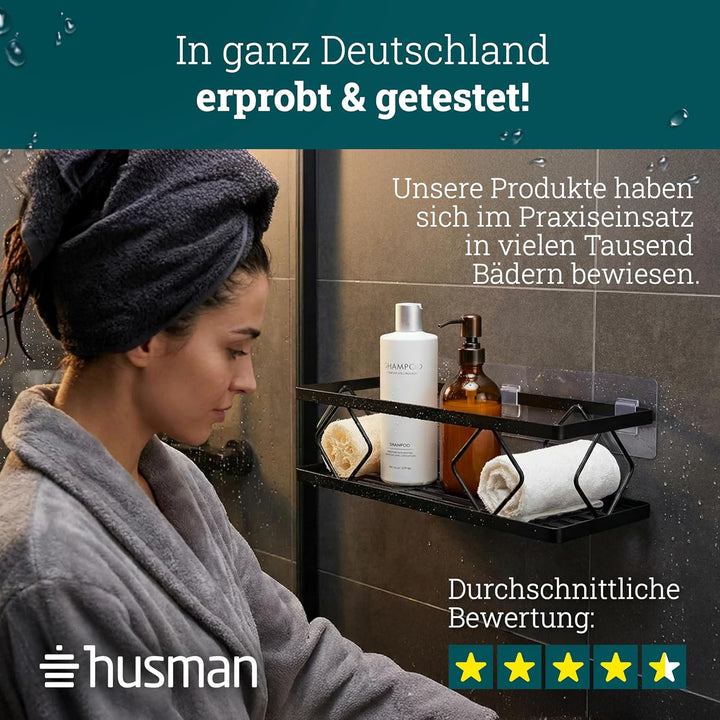 husman® Duschablage-Set ohne Bohren | Matt-Schwarz | 10-teilig mit Ablaufrillen | Kleben statt Bohre