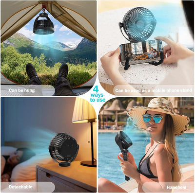 Simpeak Camping Ventilator Tischventilator, Mini USB Ventilator leise, 5200mAh Akku Ventilator mit L