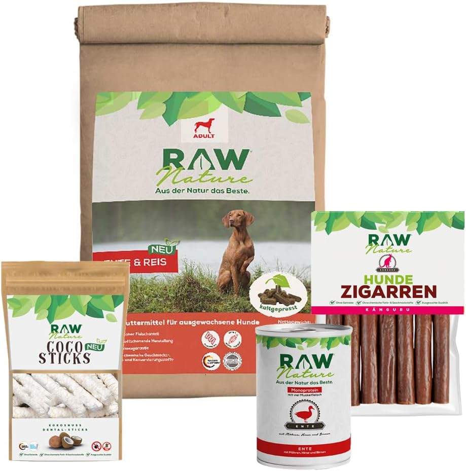 RAW Nature Trockenfutter Adult mit Ente 5kg, kaltgepresstes Hundefutter, Getreidefrei, 100% Muskelfl