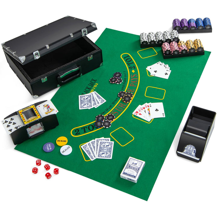DREAMADE Pokerkoffer mit 300 Laser Poker Chips/ 2 Pokerkarten Set/Kartenmischer/Kartengeber/Spielmat